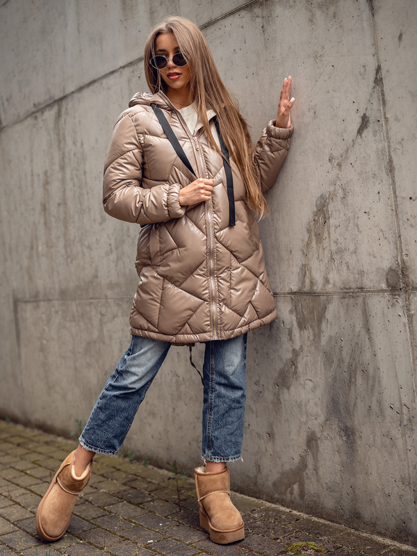 Women's Longline Quilted Winter Jacket with hood Camel Bolf 5M3189
