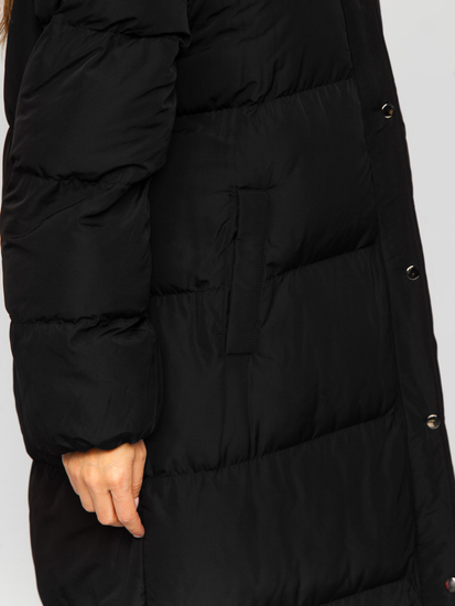 Women's Longline Quilted Winter Coat Jacket with Hood Black Bolf R6702