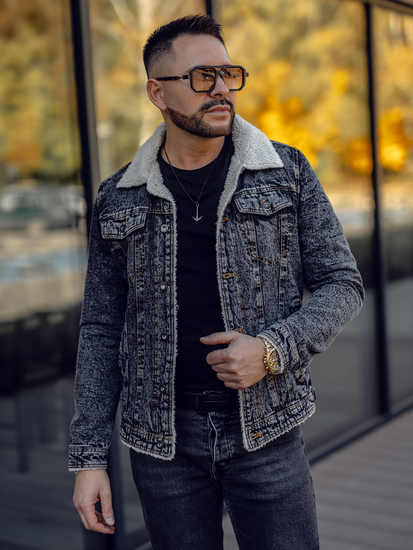 Men's Warm Denim Trucker Jacket with Furry Collar Graphite Bolf 1109