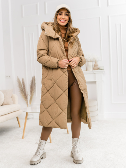 Women's Longline Winter Quilted Jacket with hood Camel Bolf 5M3173