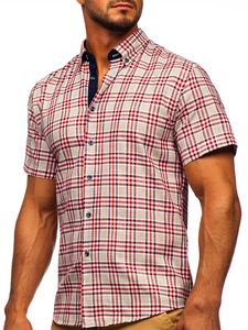 Men's Short Sleeve Checkered Shirt Ecru Bolf 201501