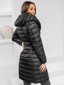 Women’s Longline Winter Quilted Jacket with hood Black Bolf 5M3159A
