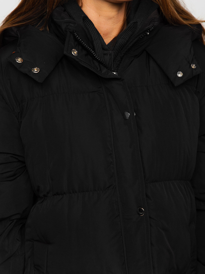 Women's Longline Quilted Winter Coat Jacket with Hood Black Bolf R6702