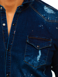 Men's Denim Long Sleeve Shirt Navy Blue Bolf R801