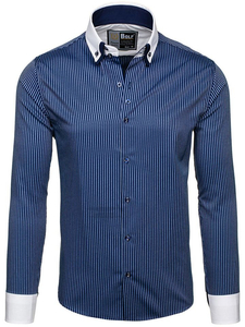 Men's Elegant Striped Long Sleeve Shirt Navy Blue Bolf 0909-A