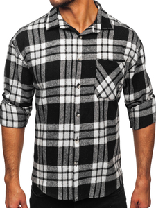 Men’s Checkered Long Sleeve Flannel Shirt White-Black Bolf 2025-3