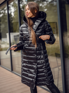 Women's Longline Quilted Winter Jacket with hood Black Bolf 5M3159