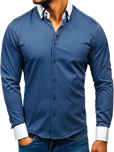 Men's Elegant Striped Long Sleeve Shirt Navy Blue Bolf 0909-A