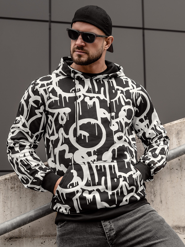 Men's Printed Kangaroo Hoodie Black-White Bolf 8B1152A