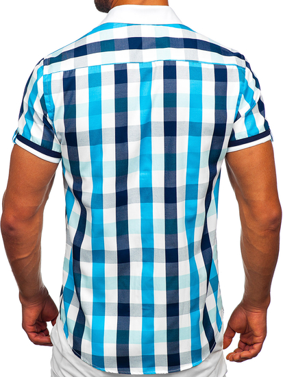 Men's Elegant Checkered Short Sleeve Shirt Turquoise Bolf 8901