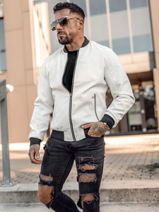 Men's Leather Bomber Jacket White Bolf 7110A2