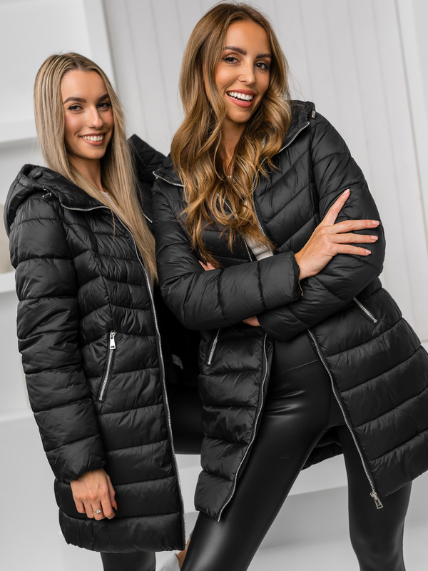 Women's Longline Quilted Winter Jacket with hood Black Bolf 11Z8083A