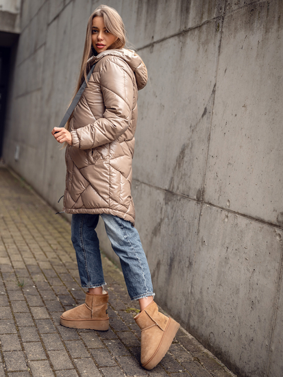 Women's Longline Quilted Winter Jacket with hood Camel Bolf 5M3189