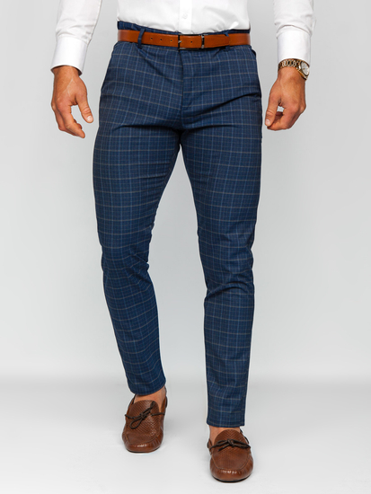 Men's Checkered Chino Pants Navy Blue Bolf 0035
