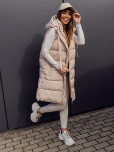 Women's Longline Quilted Oversize Gilet Beige Bolf 81276