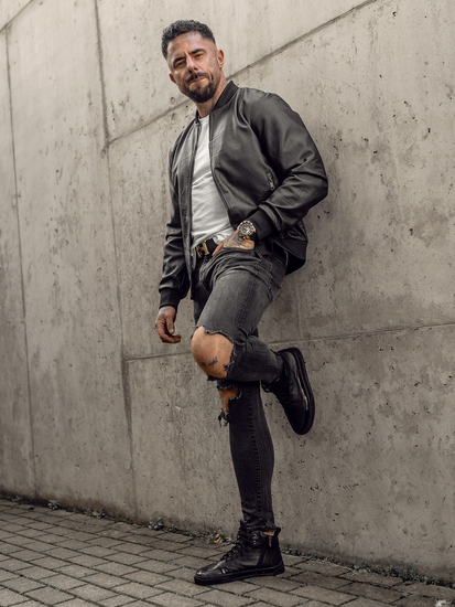 Men's Leather Bomber Jacket Black Bolf 3A65A