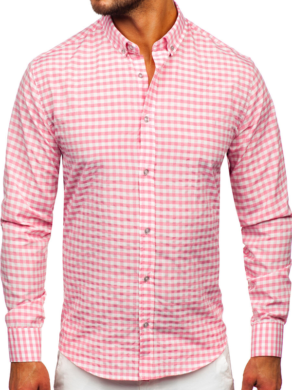 Men's Checkered Long Sleeve Vichy Shirt Pink Bolf 22747