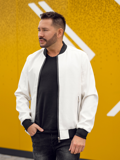Men's Leather Bomber Jacket White Bolf 7110A
