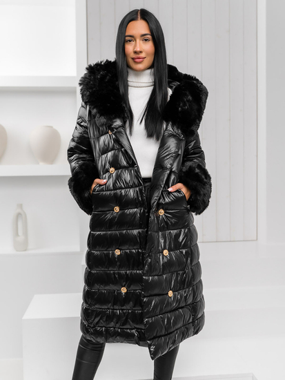 Women’s Longline Winter Quilted Jacket with hood Black Bolf 5M3160A