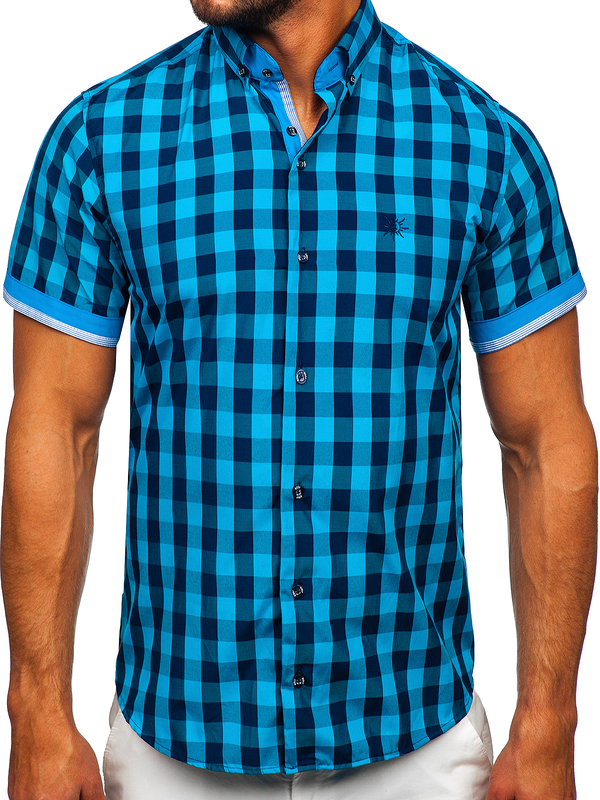 Men's Short Sleeve Checkered Shirt Black-Blue Bolf 4508