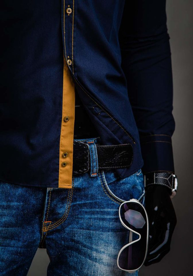 Men’s Elegant Long Sleeve Shirt Navy Blue Bolf 3703A