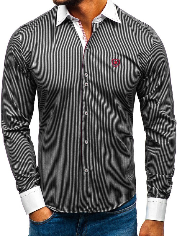 Men's Elegant Striped Long Sleeve Shirt Black Bolf 4784-A