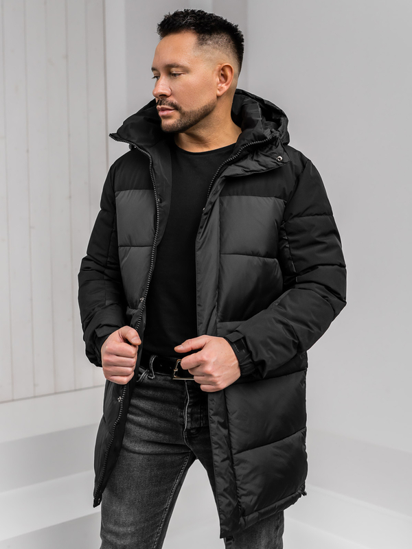 Men’s Longline Quilted Winter Jacket with hood Black Bolf 31M5016A1