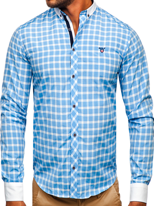 Men's Elegant Checkered Long Sleeve Shirt Sky Blue Bolf 5737-1