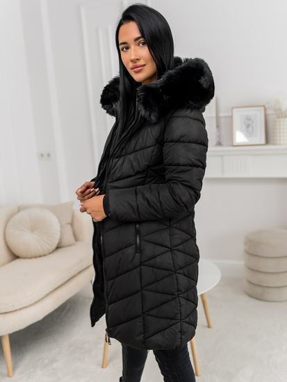 Women’s Longline Quilted Winter Jacket with hood Black Bolf 16M9195