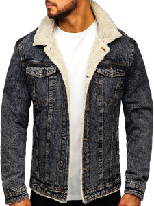 Men's Warm Denim Trucker Jacket with Furry Collar Graphite Bolf 1109