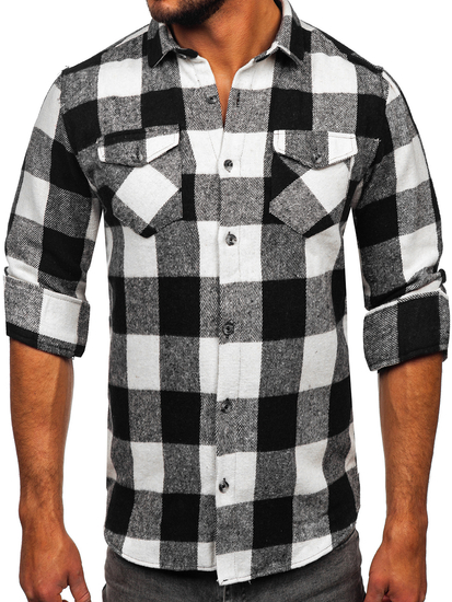 Men's Long Sleeve Flannel Shirt White-Black Bolf 20723