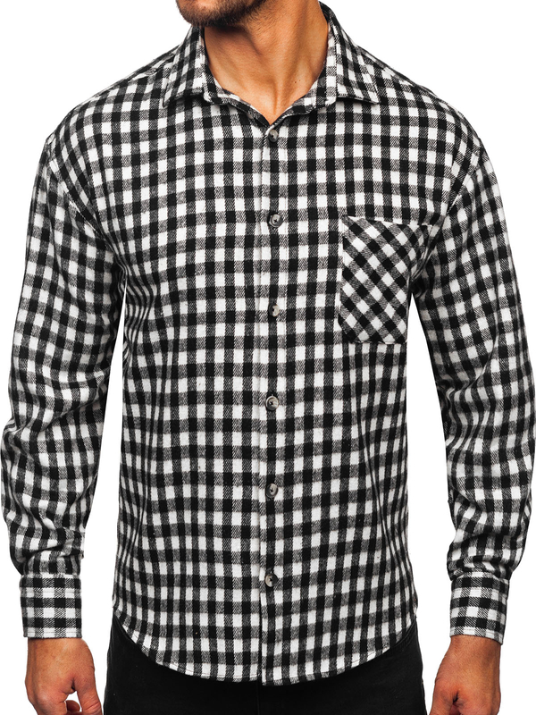 Men’s Checkered Long Sleeve Flannel Shirt White-Black Bolf 2025-2