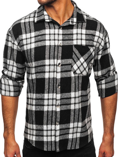 Men’s Checkered Long Sleeve Flannel Shirt White-Black Bolf 2025-3