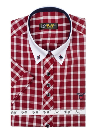 Men's Elegant Checked Short Sleeve Shirt Claret Bolf 5531