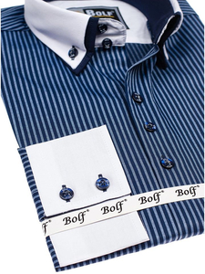 Men's Elegant Striped Long Sleeve Shirt Navy Blue Bolf 0909-A