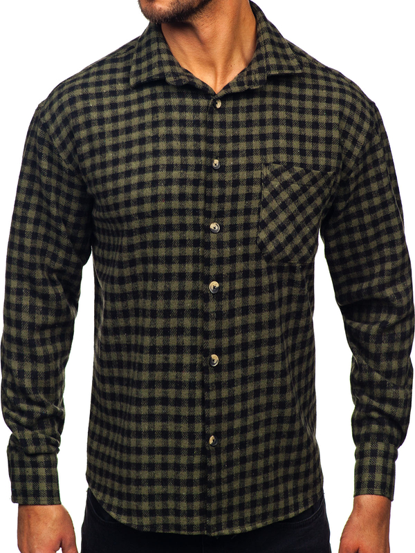 Men’s Checkered Long Sleeve Flannel Shirt Green Bolf 2025-2