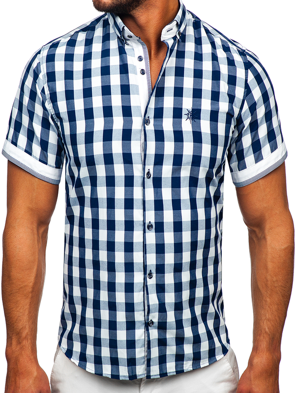 Men's Short Sleeve Checkered Shirt Navy Blue Bolf 4508
