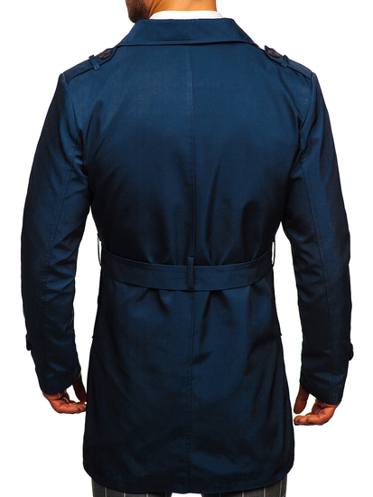 Men's Double-Breasted Trench Coat with High Collar and Belt Light Blue Bolf 0001