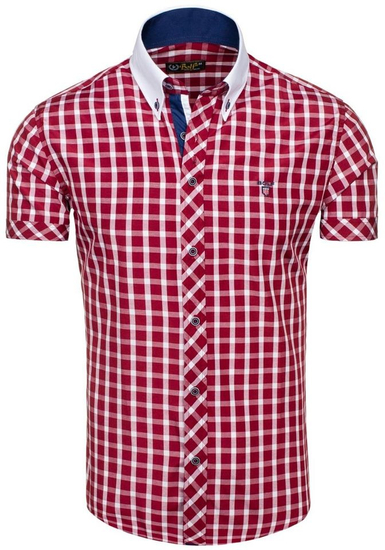 Men's Elegant Checked Short Sleeve Shirt Claret Bolf 5531