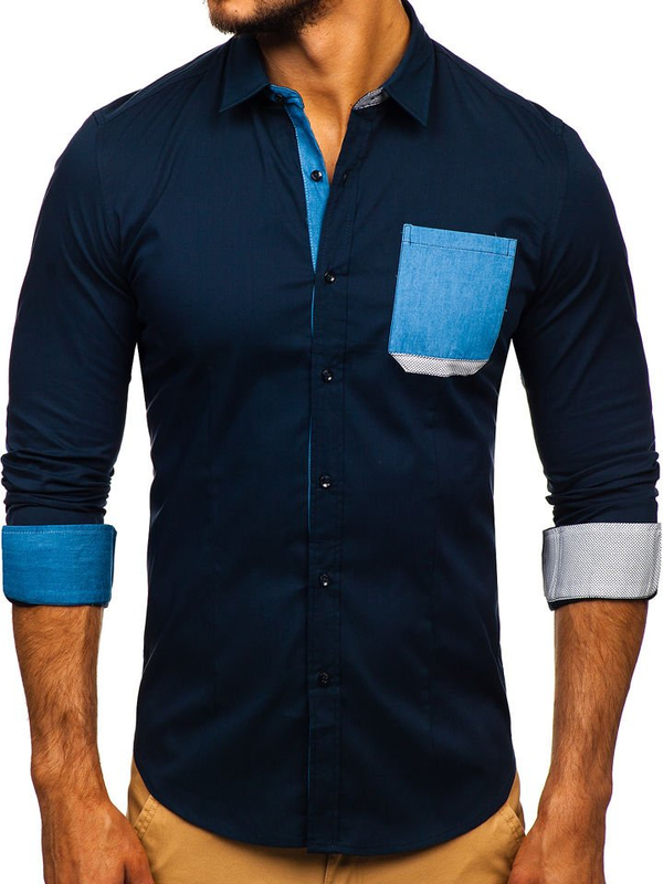 Men's Elegant Long Sleeve Shirt Navy Blue Bolf 7192