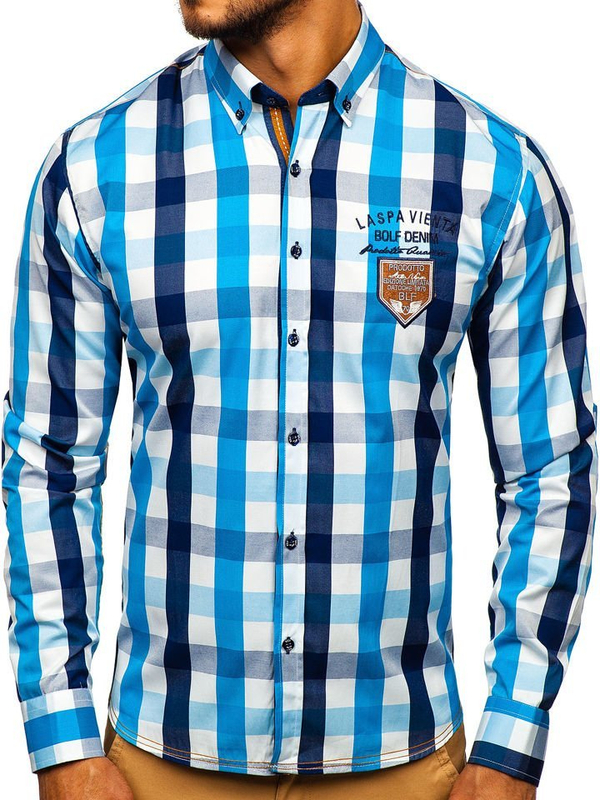 Men's Checkered Long Sleeve Shirt Sky Blue Bolf 1766-1