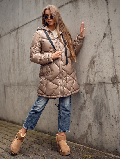 Women's Longline Quilted Winter Jacket with hood Camel Bolf 5M3189