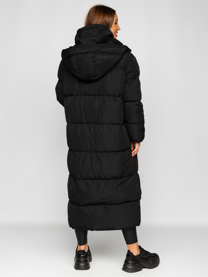 Women's Longline Quilted Winter Coat Jacket with Hood Black Bolf R6702