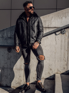 Men's Leather Biker Jacket with Fur Black Bolf 11Z8013