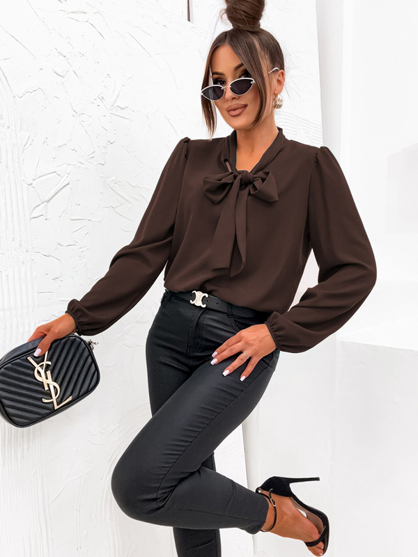 Women's Elegant Long Sleeve Shirt with a Bow Chocolate Bolf 500