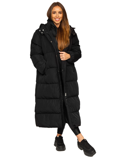 Women's Longline Quilted Winter Coat Jacket with Hood Black Bolf R6702