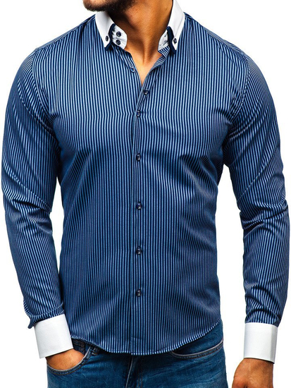 Men's Elegant Striped Long Sleeve Shirt Navy Blue Bolf 0909-A