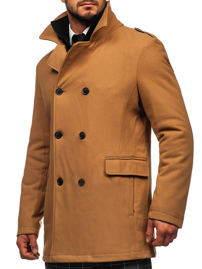 Men's Double-breasted Winter Coat with Detachable Stand Up Collar Camel Bolf 8805