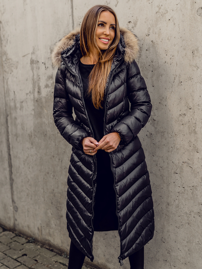 Women's Longline Quilted Winter Coat Jacket with Natural Fur Black Bolf M699