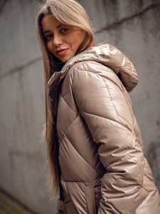 Women's Longline Quilted Winter Jacket with hood Camel Bolf 5M3189